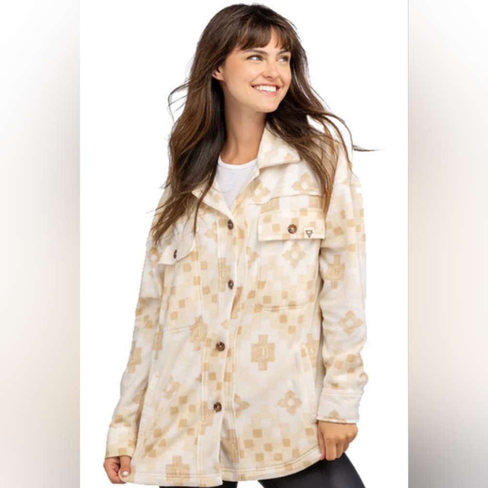 Liv Outdoor Dakota Women's Cream & Tan Patterned Fleece Shacket Size Medium